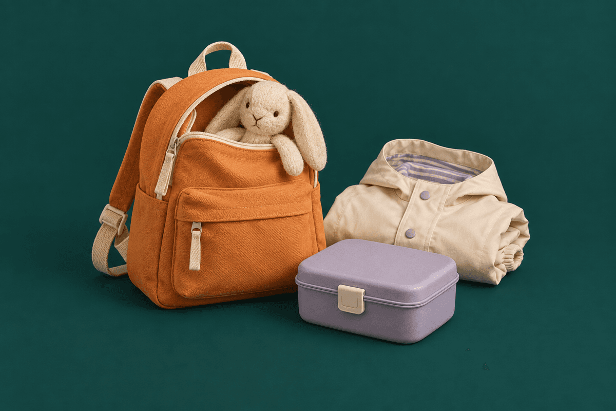 Gepackter Rucksack mit Kuschelhase, Brotdose und gefalteter Regenjacke für die Übergabe.