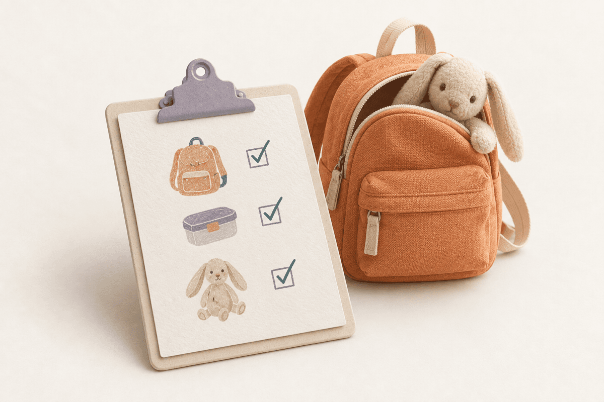 Eine Checkliste für die Übergabe neben einem Rucksack mit Kuschelhase.