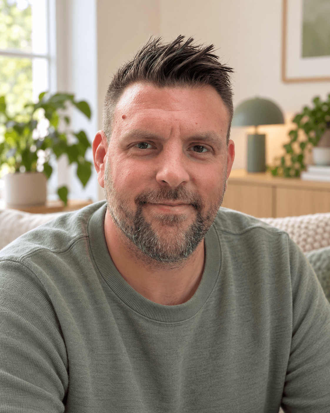 Tim, Gründer von Zweinest, mit einem freundlichen Lächeln in einer ruhigen Wohnumgebung.